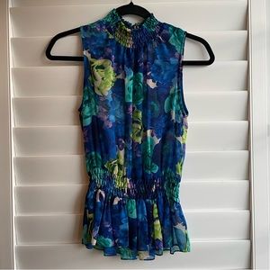 MISA Los Angeles floral print, high mock neck, sheer peplum top size XS